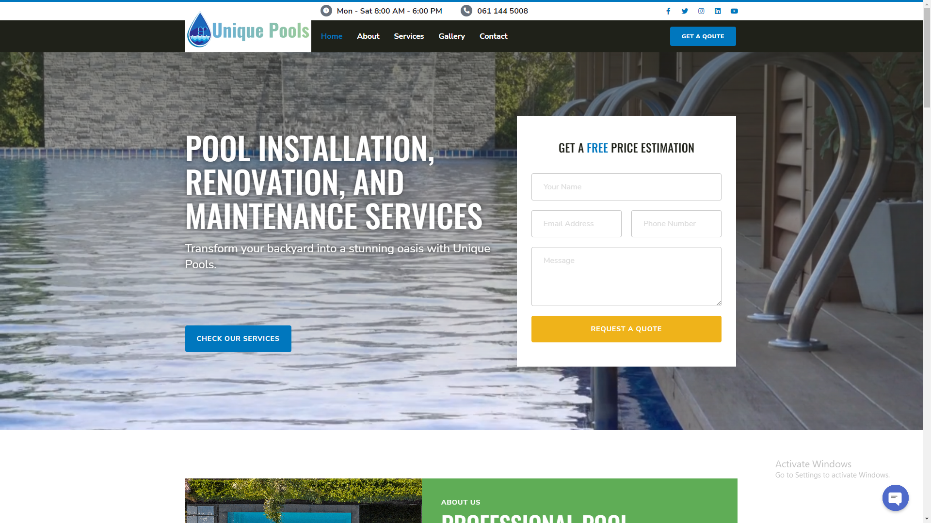 Web Design and Development Website Screenshot for Unique Pools